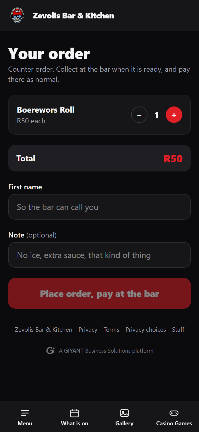 The Zevolis order screen with a total and a Place order, pay at the bar button, carrying the GIYANT Business Solutions platform credit